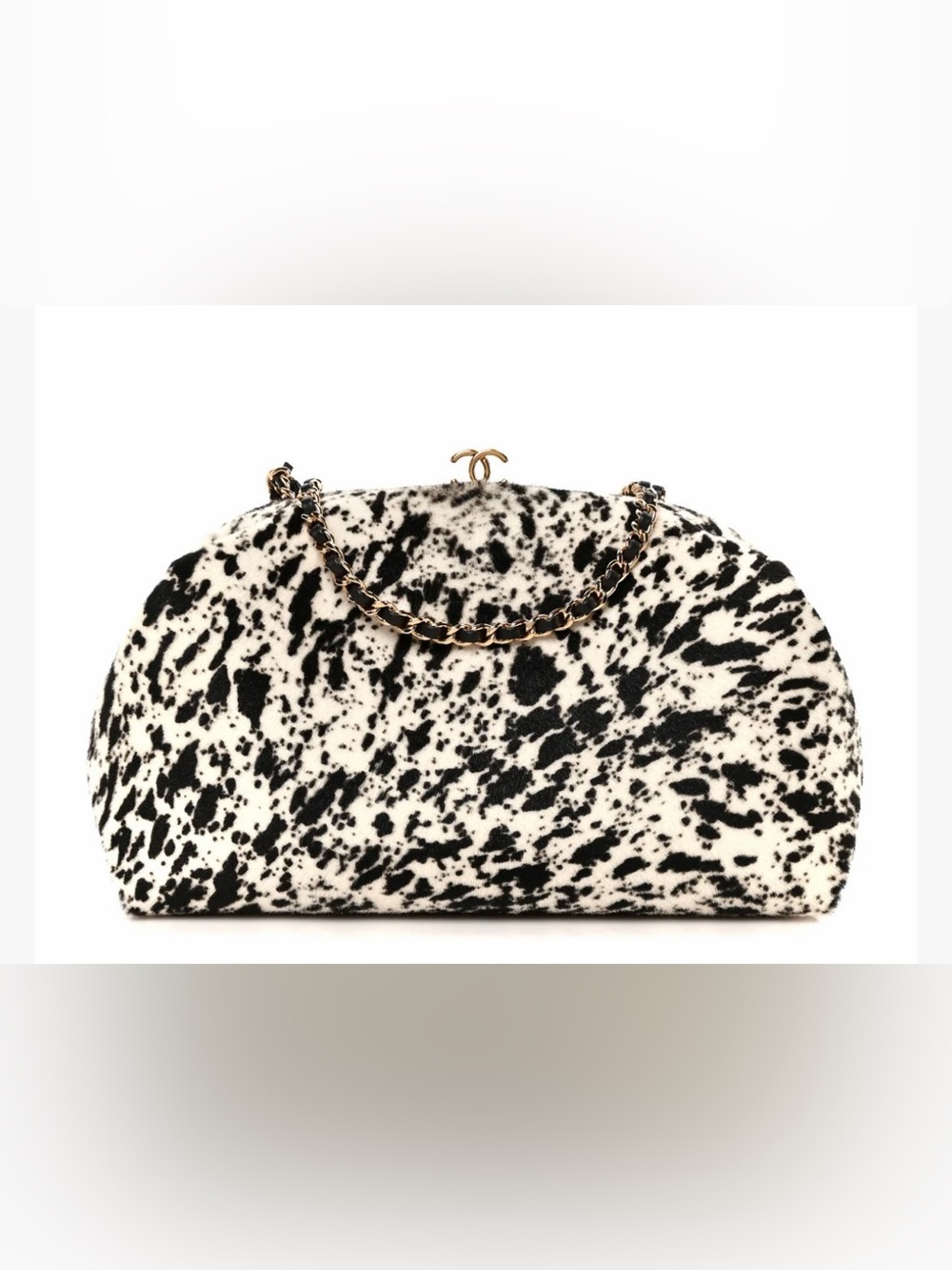 CHANEL Black & White Cowhide Spotted Shoulder Bag with Gold Chain